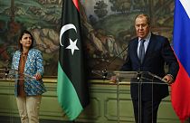 Russian Foreign Minister Sergey Lavrov and Libyan Foreign Minister Najla Mangoush speak in Moscow on Thursday