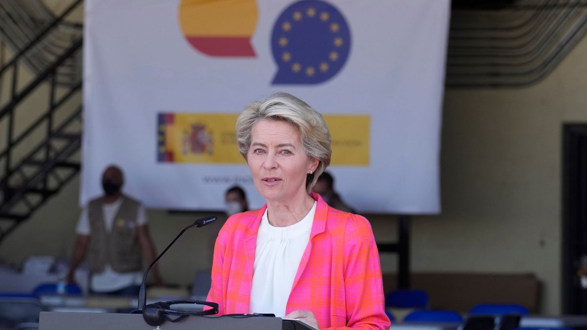 EU Commission president Ursula von der Leyen speaks during a news conference at the Torrejon military airbase in Madrid, Spain, Saturday, Aug. 21, 2021