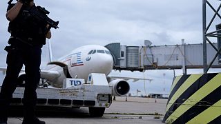 A gendarme guards a government plane carrying people from Kabul at the Roissy Charles Gaulle airport, north of Paris.