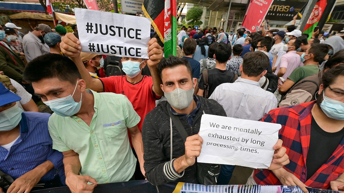 Afghan refugees hold a demonstration in front of the United Nations High Commissioner for Refugees (UNHCR) office in Jakarta.