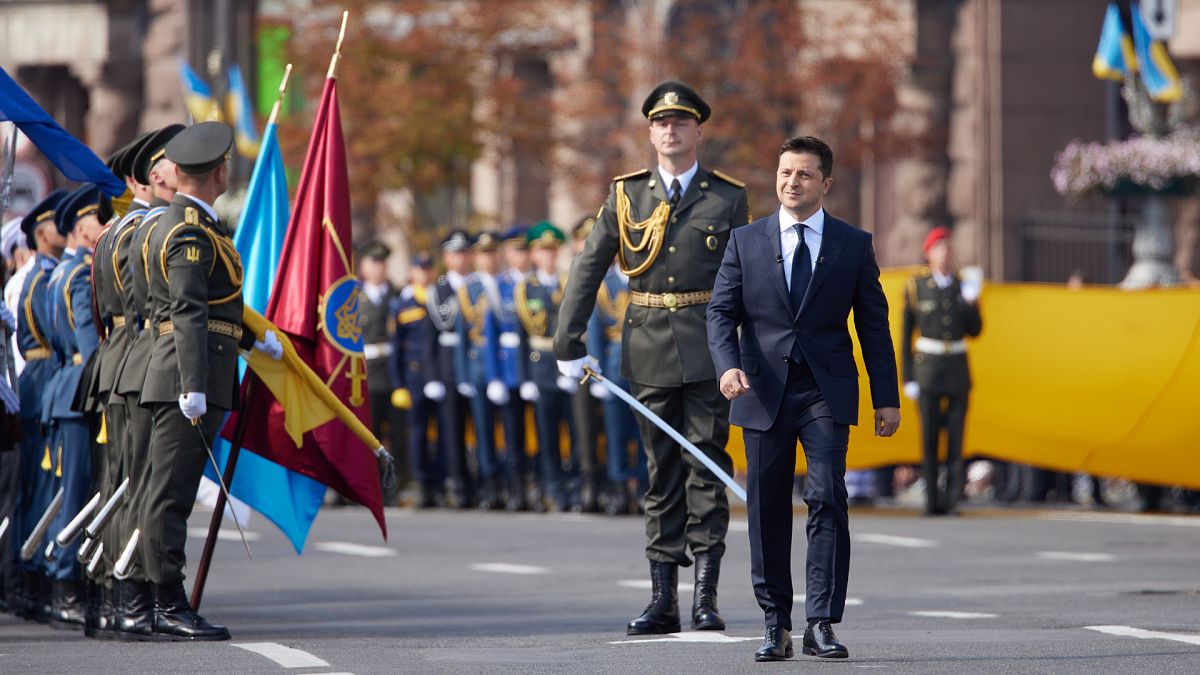 Ukrainian President Volodymyr Zelensky walking to attend the Independence Day military parade in Kiev