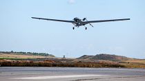 A  Bayraktar TB2 drone is pictured flying at Gecitkale military airbase in northern Cyprus.