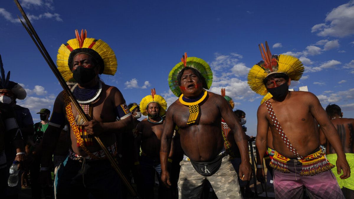 Indigenous people march during the "Luta pela Vida," or Struggle for Life mobilization, as they protest to pressure Supreme Court