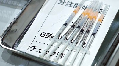 Syringes with the Moderna vaccine against COVID-19 disease are set aside for Tokyo Metropolitan Government employees.