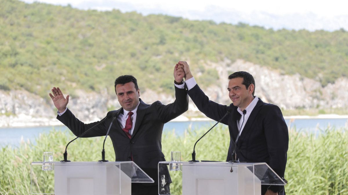 Greek Prime Minister Alexis Tsipras, right and his Macedonian counterpart Zoran Zaev