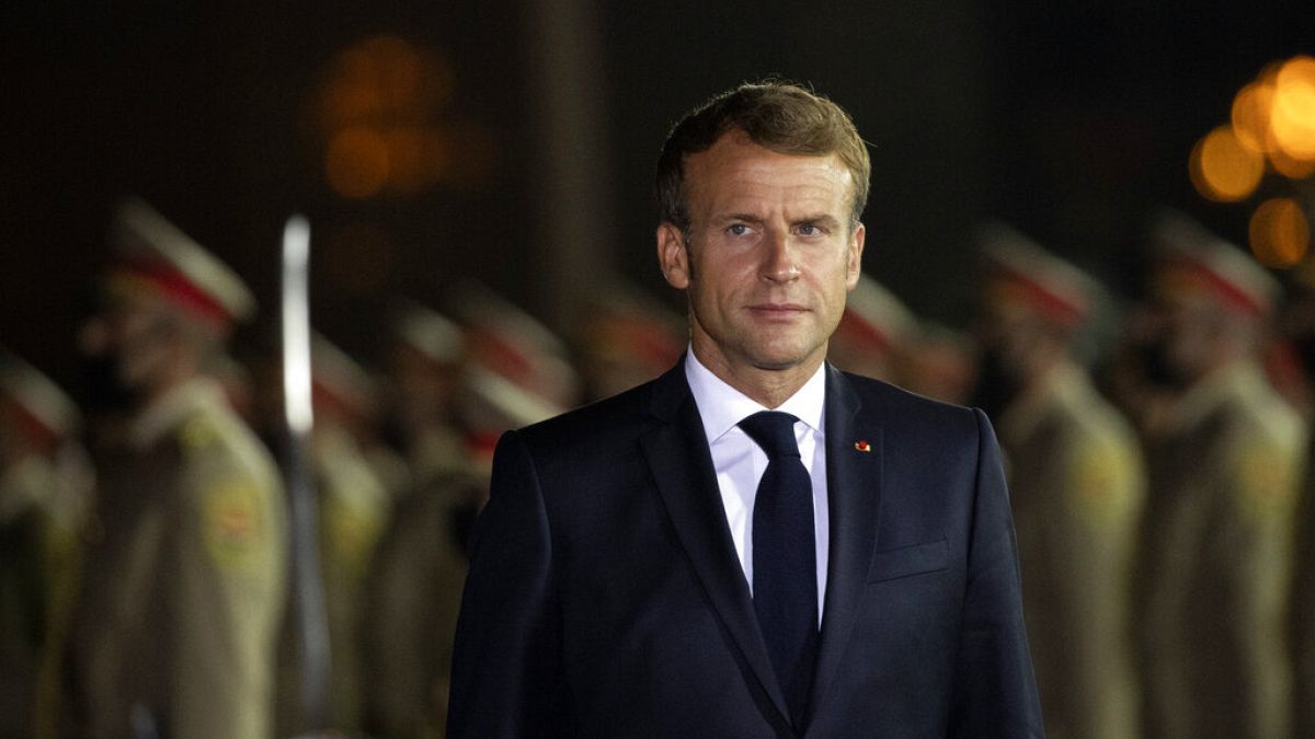 French President Emmanuel Macron arrives at Irbil international airport, Iraq, early Sunday, Aug. 29, 2021.