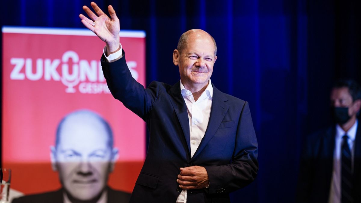 Olaf Scholz, az SPD kancellárjelöltje, pénzügyminiszter egy berlini kampányrendezvényén
