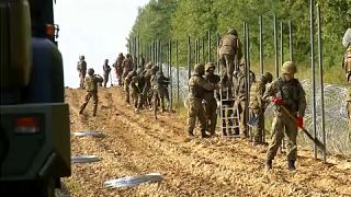 Soldiers building fence along border