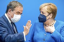 Angela Merkel und Armin Laschet nach der CDU-Präsidiumssitzung an diesem Montag
