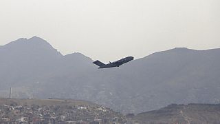 A U.S military aircraft takes off from the Hamid Karzai International Airport in Kabul, Afghanistan, Monday, Aug. 30, 2021.