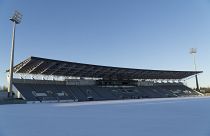 A thin layer of snow covers the Icelandic national football stadium, the Laugardalsvollur, in Reykjavik on Monday, Nov. 27, 2017.