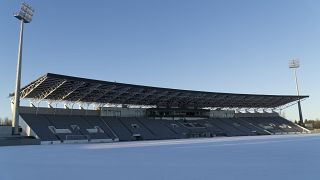 A thin layer of snow covers the Icelandic national football stadium, the Laugardalsvollur, in Reykjavik on Monday, Nov. 27, 2017.