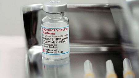 A Moderna COVID-19 vaccine vial pictured at Haneda Airport in Tokyo.