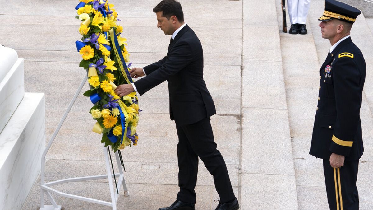 Ukrainian President Volodymyr Zelenskyy places a wreath at the Tomb of the Unknown Soldier during a ceremony at Arlington National Cemetery in Arlington.