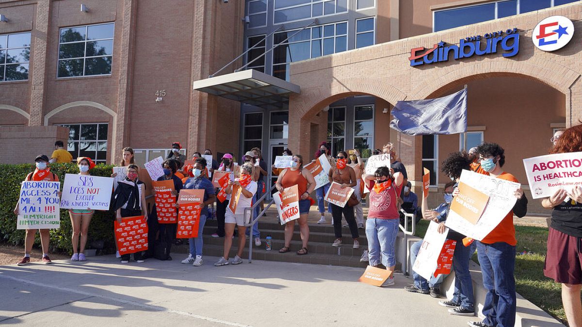 Abortion rights supporters gather to protest in front of Edinburg City Hall on Wednesday, Sept. 1, 2021, in Edinburg, Texas.