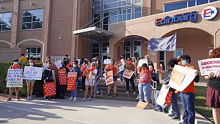 Abortion rights supporters gather to protest in front of Edinburg City Hall on Wednesday, Sept. 1, 2021, in Edinburg, Texas.