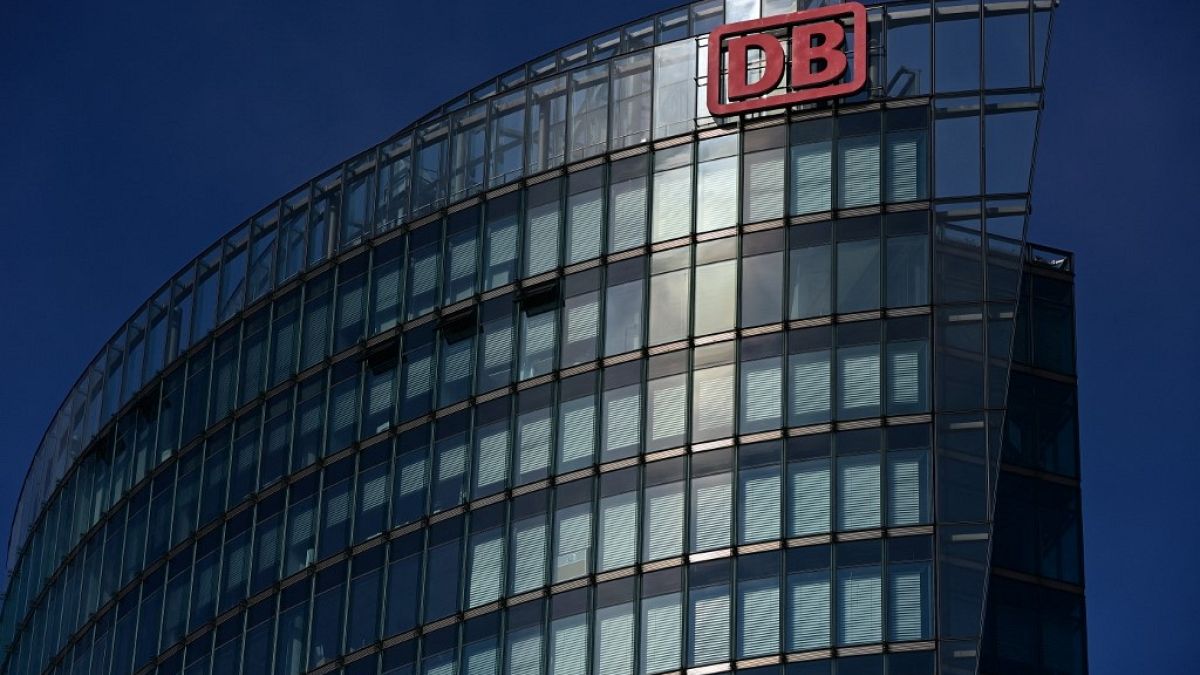 The logo of German rail operator Deutsche Bahn (DB) is pictured at the company’s headquarters in Berlin on September 2, 2021.