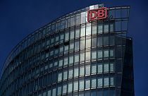 The logo of German rail operator Deutsche Bahn (DB) is pictured at the company’s headquarters in Berlin on September 2, 2021.