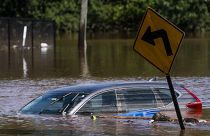 A car flooded on a local street as a result of the remnants of Hurricane Ida is seen in Somerville, New Jersey.