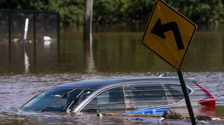 A car flooded on a local street as a result of the remnants of Hurricane Ida is seen in Somerville, New Jersey.