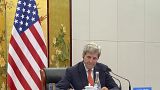 US Special Presidential Envoy for Climate John Kerry attends a meeting with Chinese Foreign Minister Wang Yi via video link in Tianjin, China. US Special Presidential Envoy for Climate John Kerry attends a meeting with Chinese Foreign Minister Wang Yi via video link in Tianjin, China.