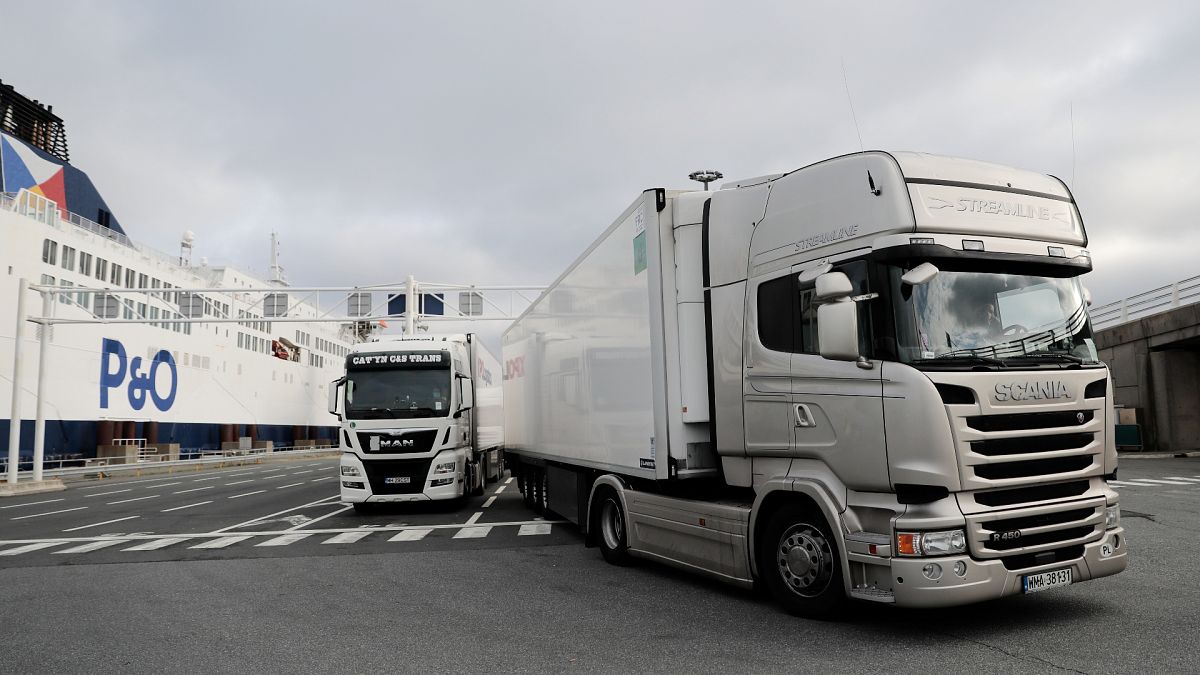 Lorries heading to Britain in the first ferry after Brexit, arrive Friday Jan.1, 2021