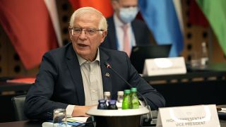 European Union foreign policy chief Josep Borrell chairs a round table meeting of EU foreign ministers at the Brdo Congress Center in Kranj, Slovenia, Thursday, Sept. 2, 2021.