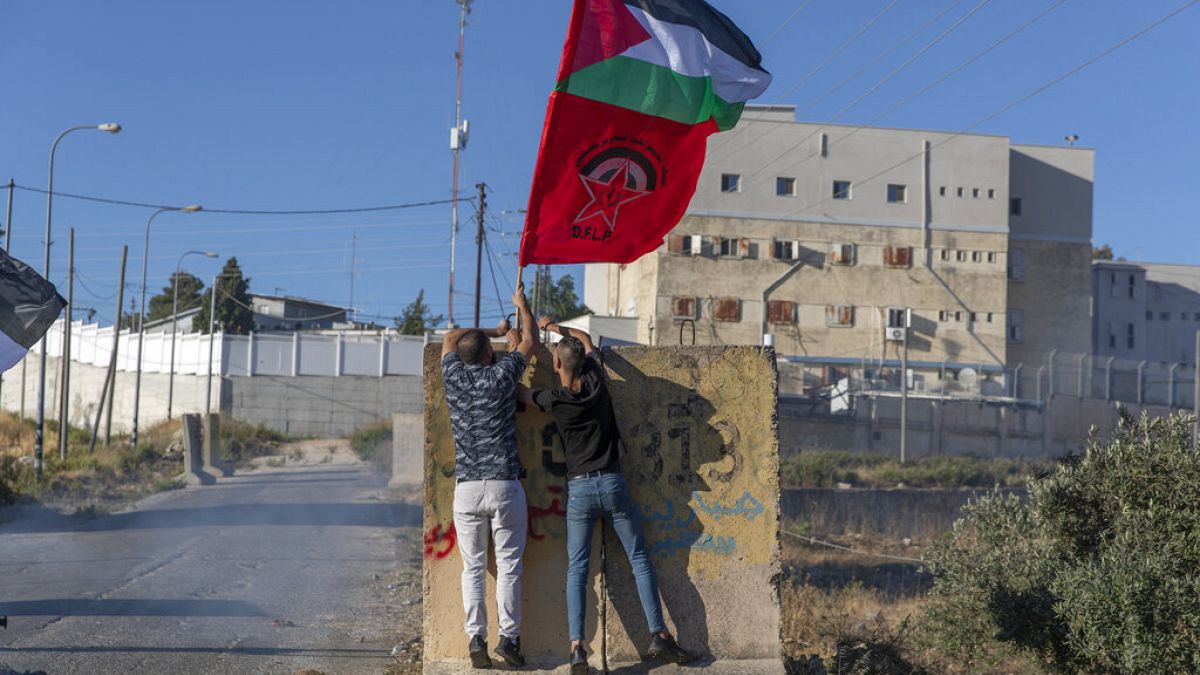 Palästinensische Demonstranten zeigen eine palästinensische Flagge