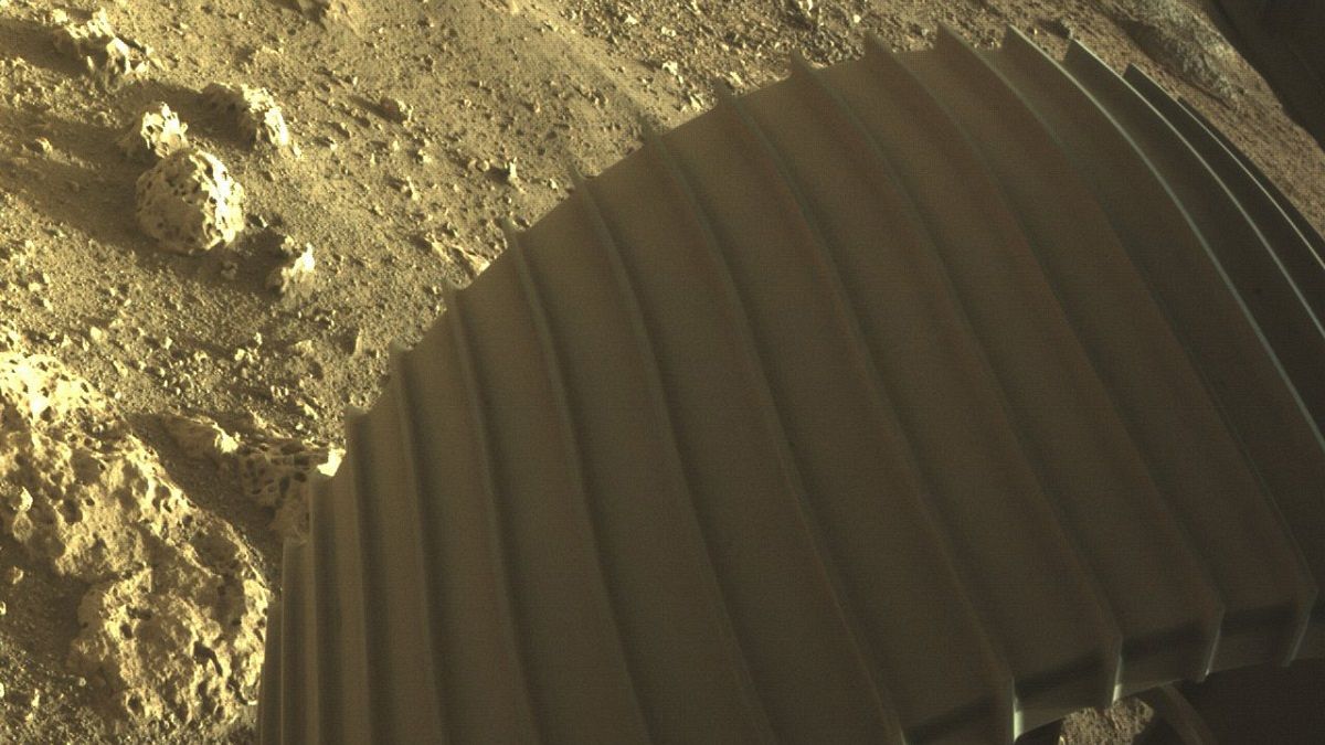 One of the six wheels on the Perseverance Mars rover, which landed on Thursday, Feb. 18, 2021. 