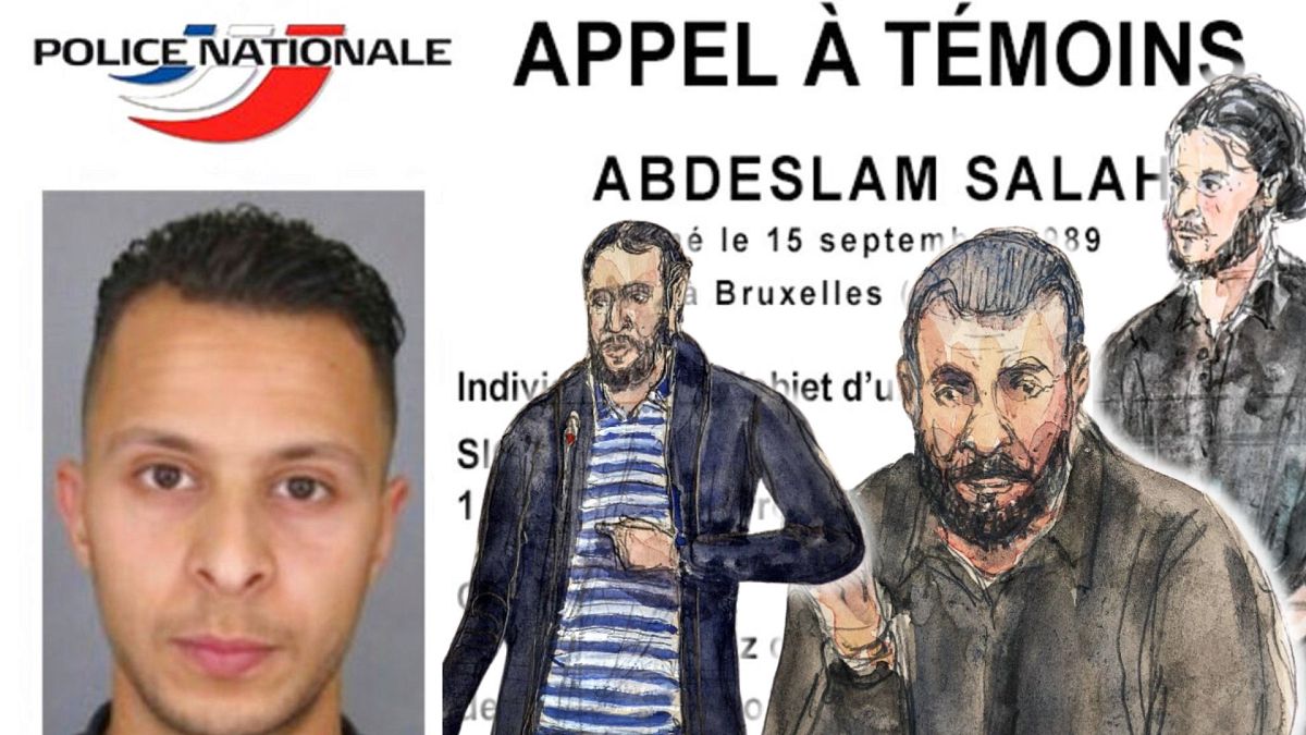 Fiche signalétique de Salah Abdeslam émise par la police française le 13 novembre 2015 et différents croquis de S. Abdeslam durant son procès