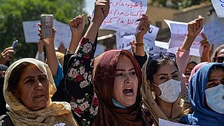 Afghan women shout slogans during an anti-Pakistan protest near the Pakistan embassy in Kabul on September 7, 2021.