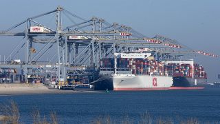 Ships loaded with containers are docked at the Euromax terminal in Rotterdam's Maasvlakte port, Netherlands, Tuesday, Feb. 14, 2017. 