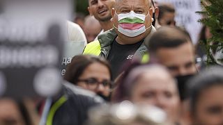 A man wears a mask in the colours of the Bulgarian flag while attending a protest by restaurant workers in Veliko Tarnovo, Bulgaria, Thursday, Sept. 2, 2021.