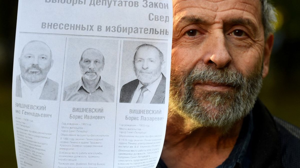 Boris (Lazarevich) Vishnevsky holds a photocopy of a poster with candidates running for election to the regional parliament in Saint Petersburg. 