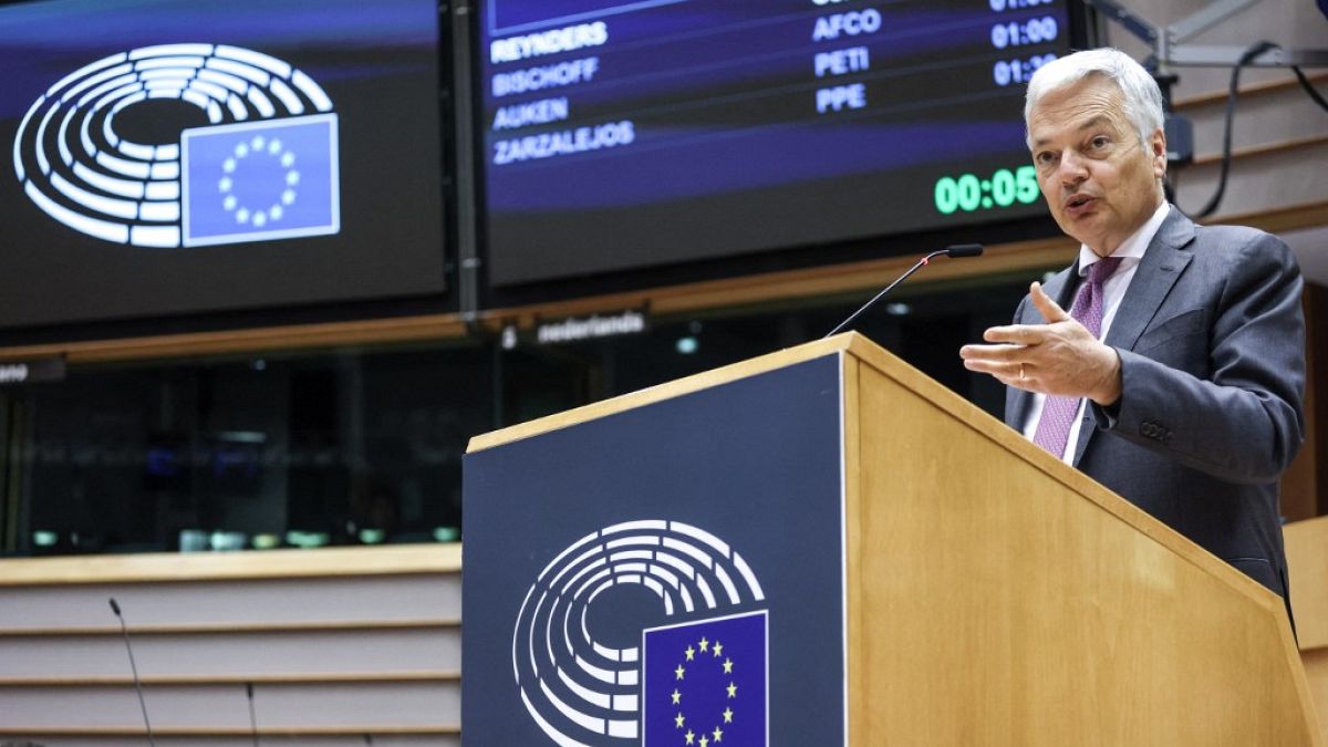 European Commissioner for Justice Didier Reynders at the European Parliament’s discussion on the Commission’s 2020 Rule of law report, in Brussels, on June 23, 2021.