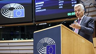 European Commissioner for Justice Didier Reynders at the European Parliament’s discussion on the Commission’s 2020 Rule of law report, in Brussels, on June 23, 2021.