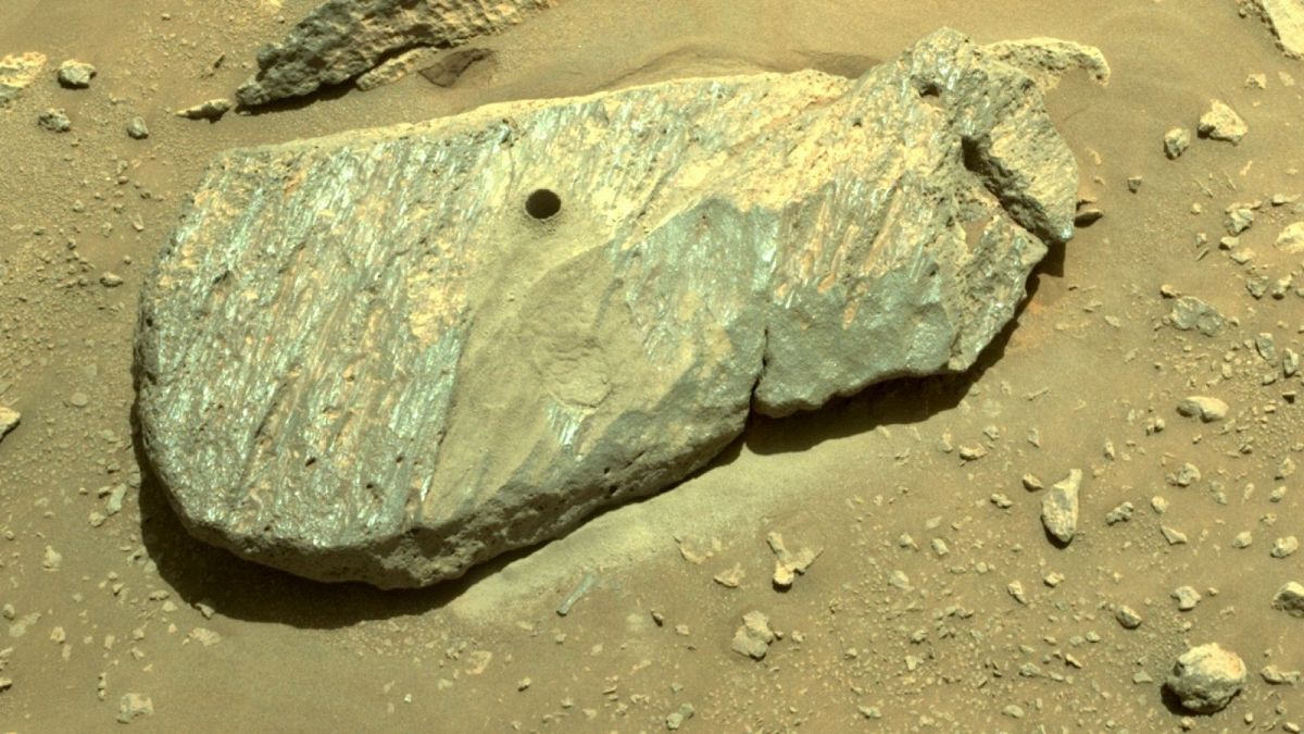 A hole in the rock on Mars that the Perseverance Rover drilled to collect the sample.