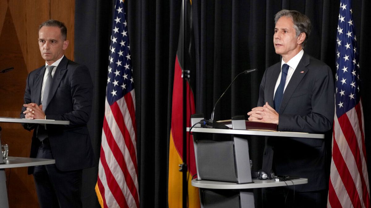 US Secretary of State, Antony Blinken (R), and German Foreign Minister Heiko Maas (L), at a joint press conference at the Ramstein US Air Base, Germany, September 8, 2021.