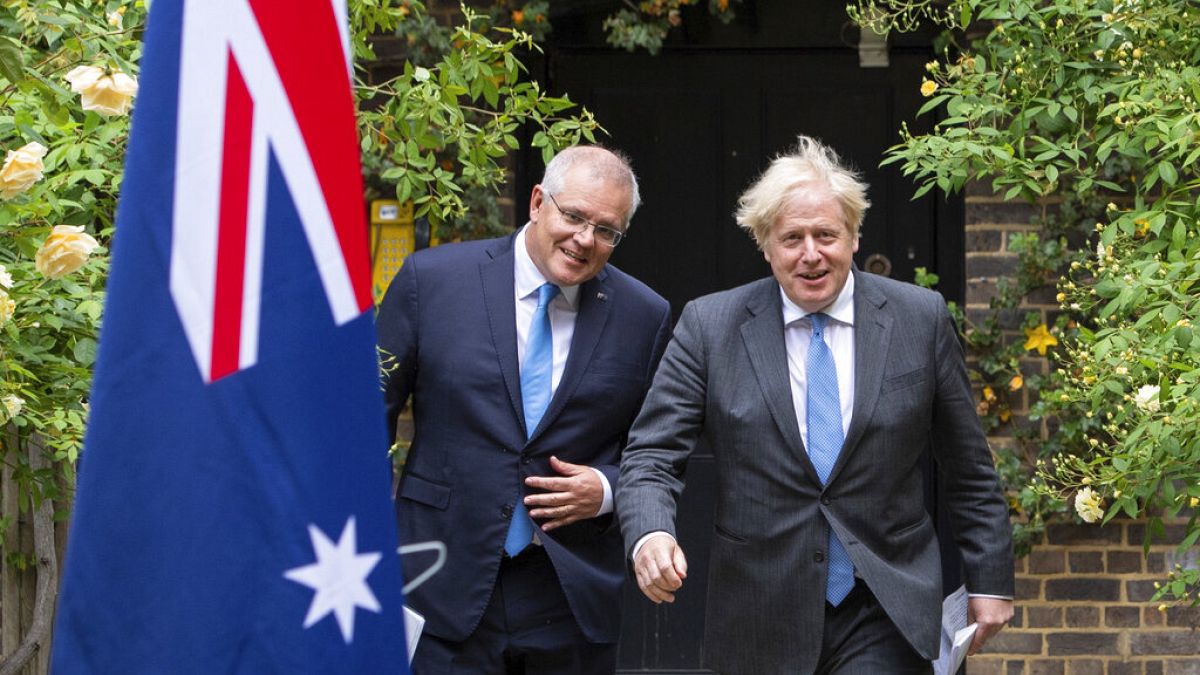 Britain's Prime Minister Boris Johnson with Australian Prime Minister Scott Morrison, in the garden of 10 Downing Street after agreeing a trade deal, London, June 15, 2021.
