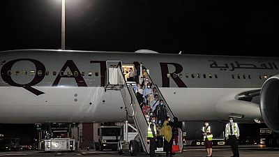 Evacuees from Afghanistan arrive at Hamad International Airport in Qatar's capital Doha on the first flight carrying foreigners out of Kabul since the US withdrawal. 9/9/21. Evacuees from Afghanistan arrive at Hamad International Airport in Qatar's capital Doha on the first flight carrying foreigners out of Kabul since the US withdrawal. 9/9/21.