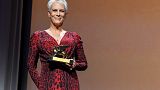 US actress Jamie Lee Curtis acknowledges receiving a Golden Lion for lifetime achievement on September 8, 2021.