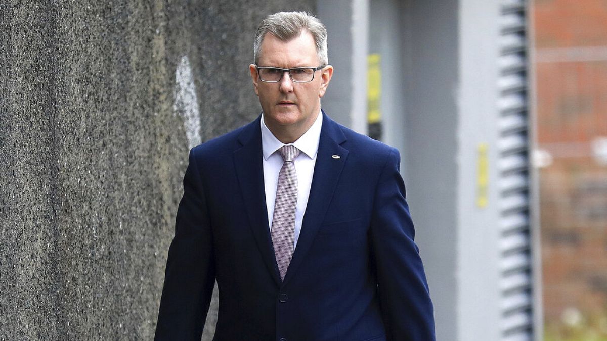 In this Friday, May 14, 2021 file photo, Democratic Unionist Party member Jeffrey Donaldson MP leaves the party HQ in Belfast after voting took place to elect a new leader.