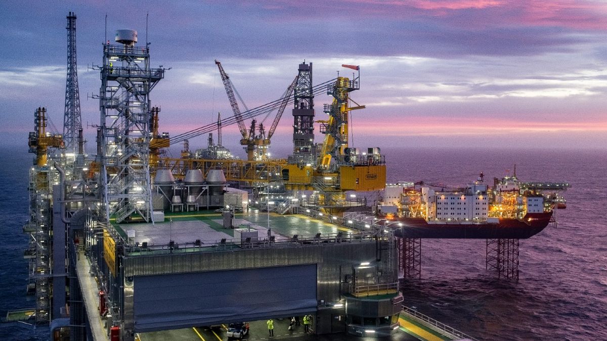 The field centre of the Johan Sverdrup oil field in the North Sea west of Stavanger, Norway, is pictured on January 7, 2020.