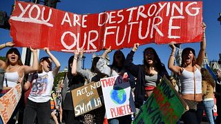 Environmental activists rally during the UK Student Climate Network's Global Climate Strike protest action in central London, on September 20, 2019.