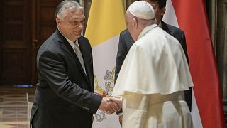 Pope Francis arrives at Budapest international airport, Sunday, Sept. 12, 2021.