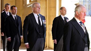 Britain's Prince Andrew, Duke of York, attends the ceremonial funeral procession of Britain's Prince Philip, Duke of Edinburgh, on April 17, 2021.