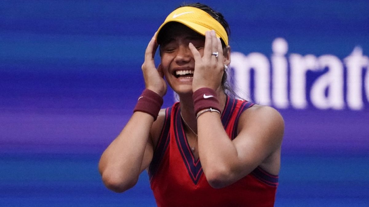 Britain's Emma Raducanu reacts after winning her 2021 US Open Tennis tournament women's final match against Canada's Leylah Fernandez 