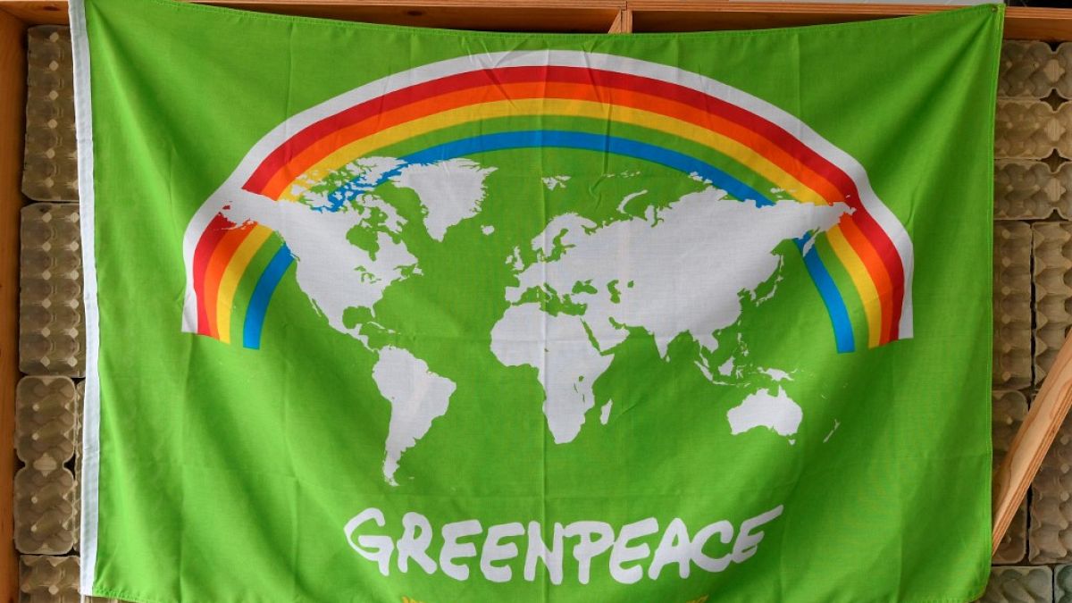 Drapeau de Greenpeace à l'entrée des bureaux de l'ONG à Amsterdam (Pays-Bas), le 10/09/2021