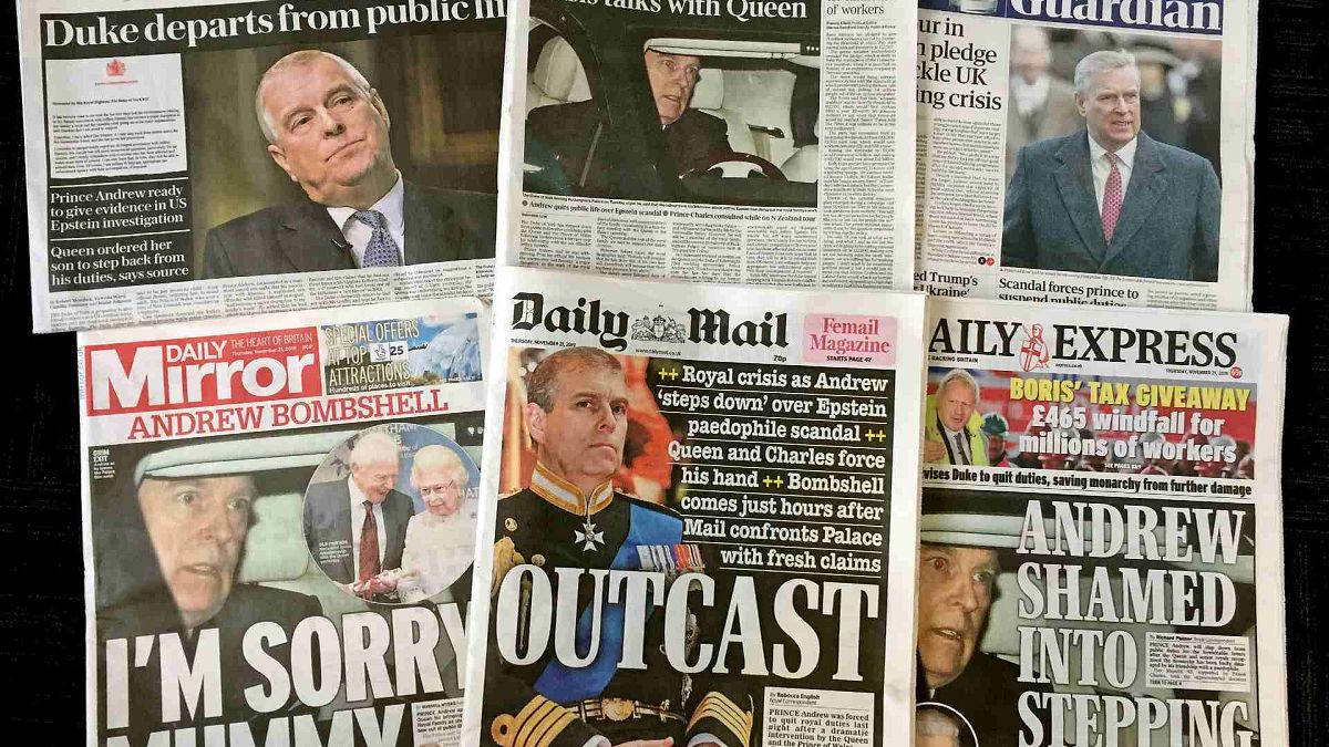 صورة مجمعة للصفحات الأولى من الصحف البريطانية يوم الخميس 21 نوفمبر 2019 تتصدر الفضيحة المحيطة بالأمير البريطاني أندرو