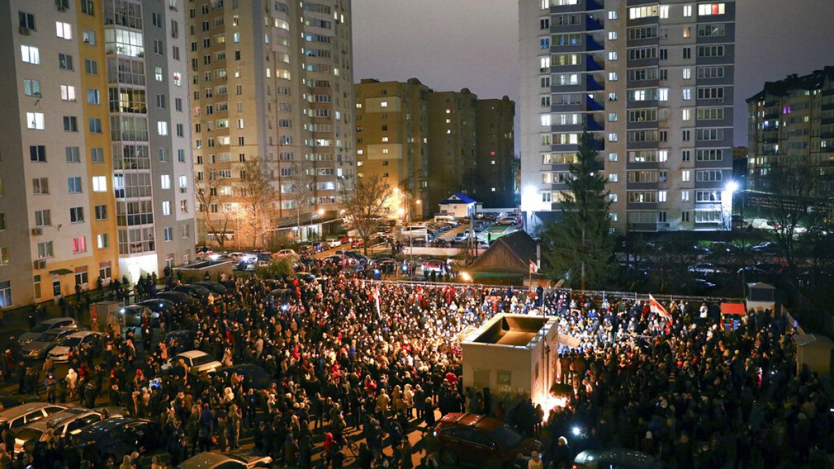 A gathering in Minsk on November 12, 2020 to honour a protester killed during the demonstrations last year.